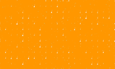 Seamless background pattern of evenly spaced white broom symbols of different sizes and opacity. Vector illustration on orange background with stars