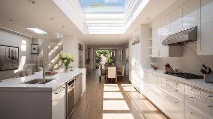 A sleek white kitchen with a stunning skylight and a modern dining area. Generative AI. - obrazy, fototapety, plakaty