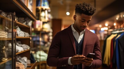A stylish young man in a suit engrossed in his phone while browsing in a clothing store. Generative AI. - obrazy, fototapety, plakaty