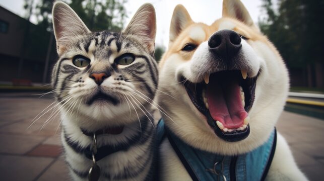 A serious cat and happy dog posing happily for a photo. Generative AI.