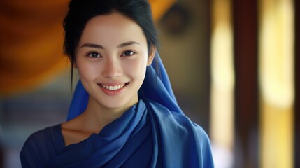 A beautiful woman in a blue shawl smiles. Generative AI.