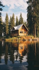 Obraz premium A serene cabin nestled by a picturesque lake, surrounded by nature's beauty. Generative AI.