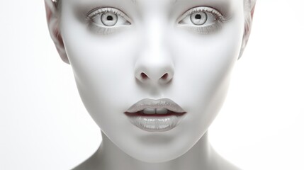 A captivating close-up of a young woman's face with mesmerizing eyes on a minimalist white background. Generative AI.
