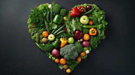 Heart of vegetables and fruits on black background. Generative AI.
