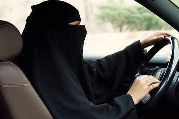 Beautiful muslim woman driving car. Neural network AI generated art