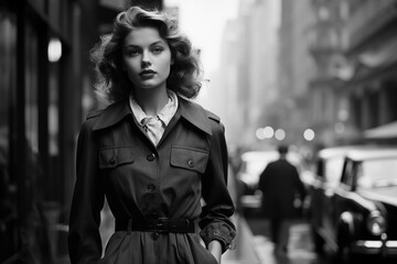 vintage young woman walking through New York street in 1952