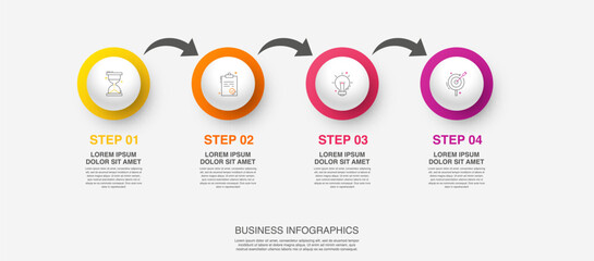 Vector modern infographic with 4 circles and arrows. 3D concept graphic process template with four steps and icons. Timeline for the business project on white background