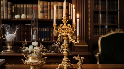 An ornate gold candlestick, resplendent in its design, commands attention amidst an array of opulent furnishings, radiating timeless allure