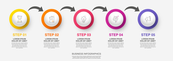 Vector modern infographic with 5 circles and arrows. 3D concept graphic process template with five steps and icons. Timeline for the business project on white background - obrazy, fototapety, plakaty