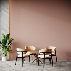 Peach fuzz 2024 trend color of the year in the luxury dining lounge room. Painted mockup wall for art - terracota color. Mockup modern room design interior home. Accent trend details chair. 3d render 