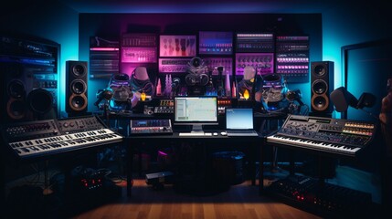 A carefully arranged assortment of electronic music production tools, each panel lit up against a backdrop of a dimly lit studio - obrazy, fototapety, plakaty