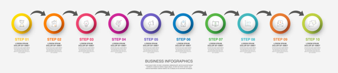 Vector modern infographic with 10 circles and arrows. 3D concept graphic process template with ten steps and icons. Timeline for the business project on white background