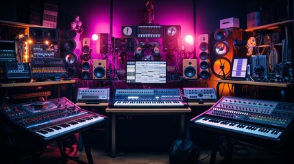 A carefully arranged assortment of electronic music production tools, each panel lit up against a backdrop of a dimly lit studio - obrazy, fototapety, plakaty