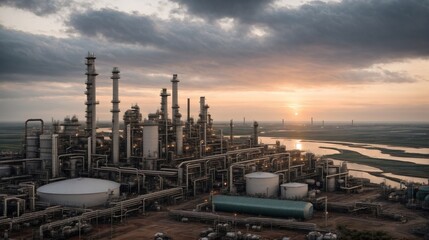 oil refinery at sunset