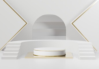 3D white gold pedestal podium door ladder circle light abstract minimal podium blank space for beauty cosmetic product, clean design luxury minimalist mockup stage luxury stand scene. 3d render.