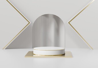 3D white gold pedestal podium door circle light abstract minimal podium blank space for beauty cosmetic product, clean design luxury minimalist mockup stage cloth wall stand scene. 3d render.