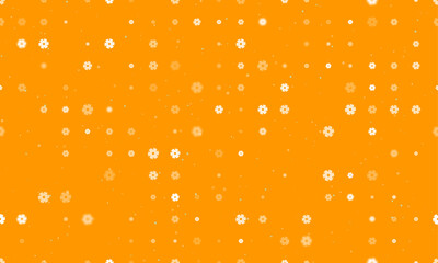 Seamless background pattern of evenly spaced white milling disc symbols of different sizes and opacity. Vector illustration on orange background with stars