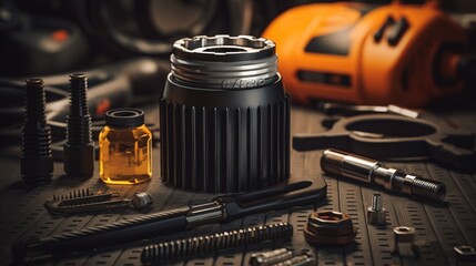 A clean oil filter juxtaposed against a backdrop of tools, the contrast highlighting the importance of cleanliness in engine care