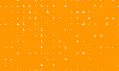 Seamless background pattern of evenly spaced white fox symbols of different sizes and opacity. Vector illustration on orange background with stars