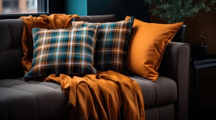 Checkered pillows on sofa in living room, interior design concept.