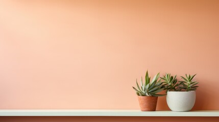 Ceramic pots with succulents on shelf against color wall copy space. Peach Fuzz color