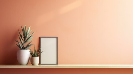Wooden shelf with plant and blank picture frame on orange wall copy space. Mock up. Peach Fuzz color