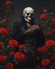 flower, rose, red_flower, solo, dress, jewelry, black_dress, red_rose, mask, necklace, own_hands_together, long_hair, black_hair, skull, ring, holding, long
