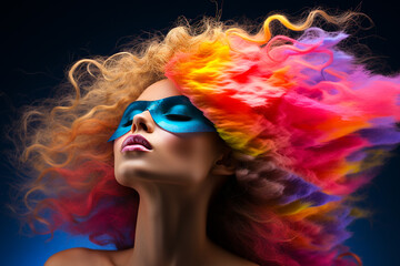 Woman with curly cloud like puff hair on dark background