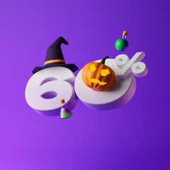 White sixty percent or 60 % with Halloween pumpkin, witch hat and potion bottles isolated over purple background. Halloween concept. 3D rendering.