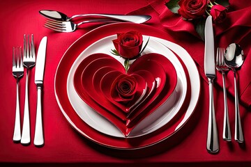 A romantic table arrangement with a heart-shaped plate, knife, and fork on a red tablecloth