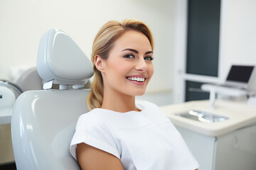 Young smiling woman sitting on chair at dentist office. Dental care, healthy teeth - obrazy, fototapety, plakaty