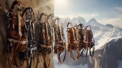 A collection of heavy-duty climbing harnesses and ropes set against a dramatic backdrop of sheer cliff faces and alpine peaks - obrazy, fototapety, plakaty