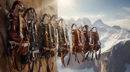 Foto op Canvas A collection of heavy-duty climbing harnesses and ropes set against a dramatic backdrop of sheer cliff faces and alpine peaks © ra0