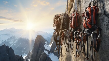 A collection of heavy-duty climbing harnesses and ropes set against a dramatic backdrop of sheer...
