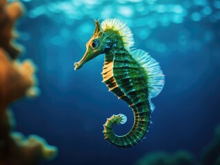 Fototapeta na wymiar A close up of a sea horse in the water. Generative AI.