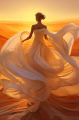 Beautiful woman dancing in golden hour in dress. 