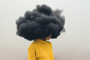 Close-up of a woman depicting a cloud overhead, symbolizing the concept of depression and mental health.