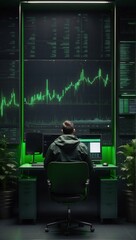 Finance trade manager analysing stock market indicators for best investment strategy, financial data and charts with business buildings in background, futuristic style