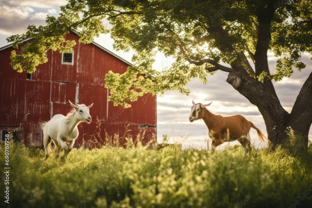 Poster A couple of goats standing on top of a lush green field. Generative AI.