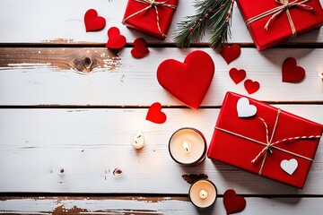 Cozy setup with a lit candle, red heart decorations, and wrapped gifts