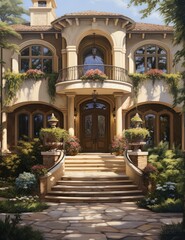 Fototapeta na wymiar Elegant Mansion with Beautiful Garden in a Residential District