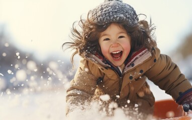 A happy child goes sledding in the snow - obrazy, fototapety, plakaty