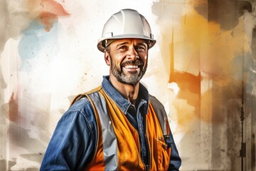 Smiling Adult in Hard Hat and Work Clothes Standing with Construction Industry Equipment