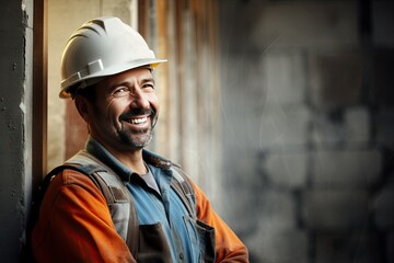 Smiling Worker in Hard Hat Standing in Construction Site