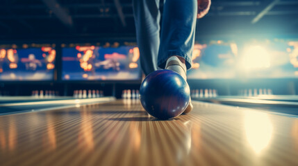bowling ball and pins on the table - obrazy, fototapety, plakaty