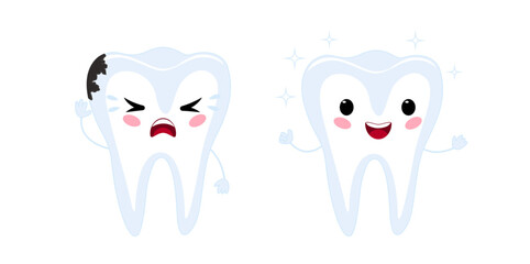 A happy healthy cute tooth and a crying tooth with decay. Cartoon vector baby vector illustration.