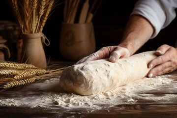 Wooden Rolling Pin In Men S Hands White Wheat Flour Scattered On The Table