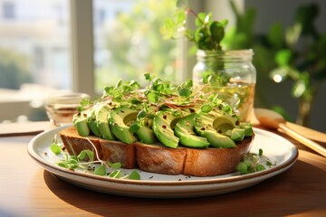 Avocado toast on a plate, breakfast on a beautiful background