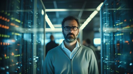 A cybersecurity expert protecting servers by defending against hacking attacks. His screen is filled with security alerts and code. generative AI - obrazy, fototapety, plakaty