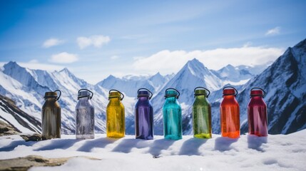 A line of brightly colored, insulated water bottles set against a panorama of jagged mountain ridges dusted with snow